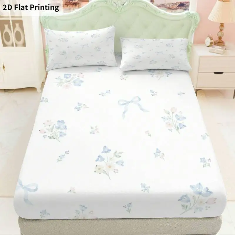 3Pcs Pastelfloralbows Fitted Sheet Three Piece Set (1*Fitted Sheet + 2*Pillowcases, Coreless), Bedding Set