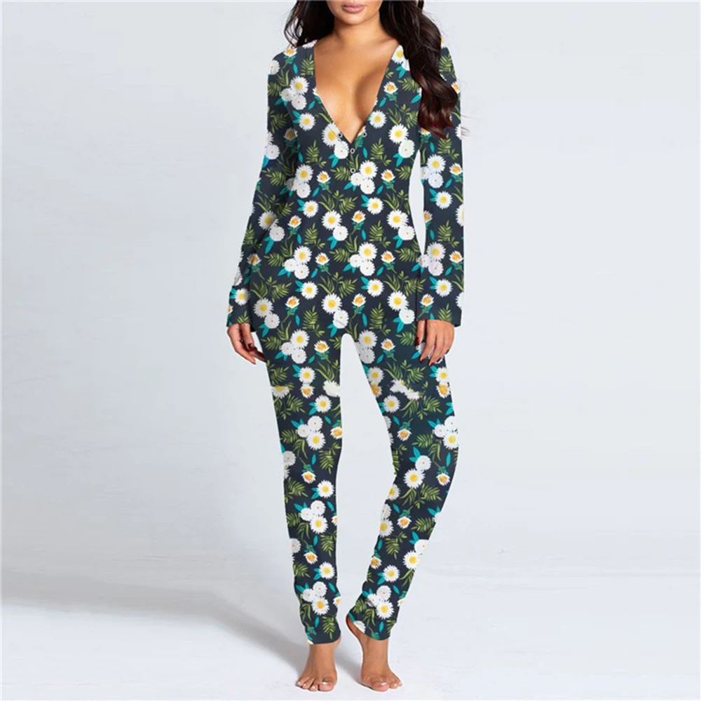 Vrouwen Sexy Pyjama Rompertjes Button-Down Front Functionele Dichtgeknoopt Flap Volwassenen Pyjama V-hals Lange Mouw Jumpsuit Vr