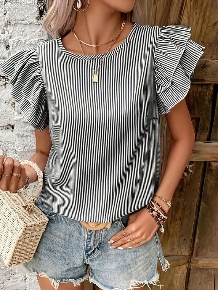 

summer ruffles striped print shirts and blouses women fashion casual loose o-neck shirt tops femme black