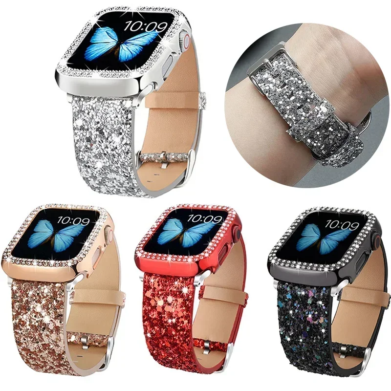 Bling Leather Strap for Apple Watch Band Ultra 2 49mm 40-42mm 44mm Women Glitter Bracelet iWatch Series 9 7 8 6 5 4 3 41mm 45mm