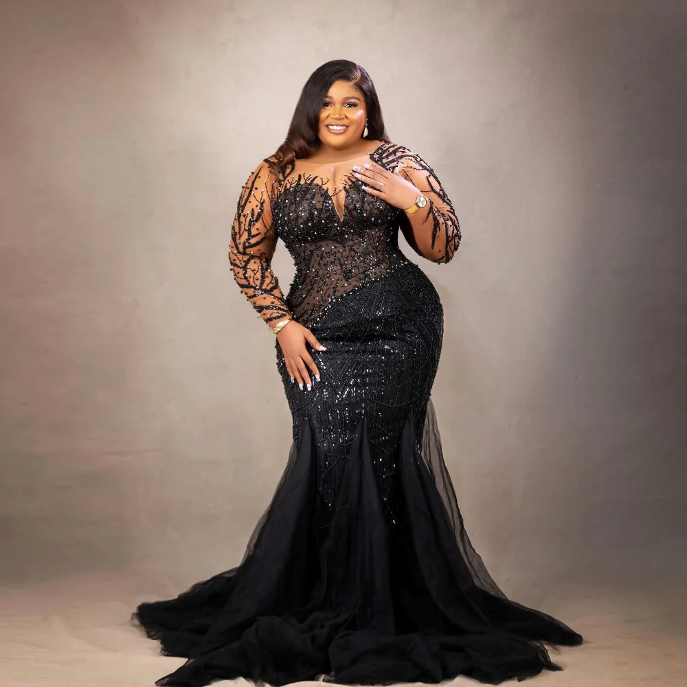 

Luxury Aso Ebi Stylished Black Lace Evening Dresses See Thru Full Sleeves Mermaid African Party Prom Gowns