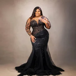 Luxury Aso Ebi Stylished Black Lace Evening Dresses See Thru Full Sleeves Mermaid African Party Prom Gowns