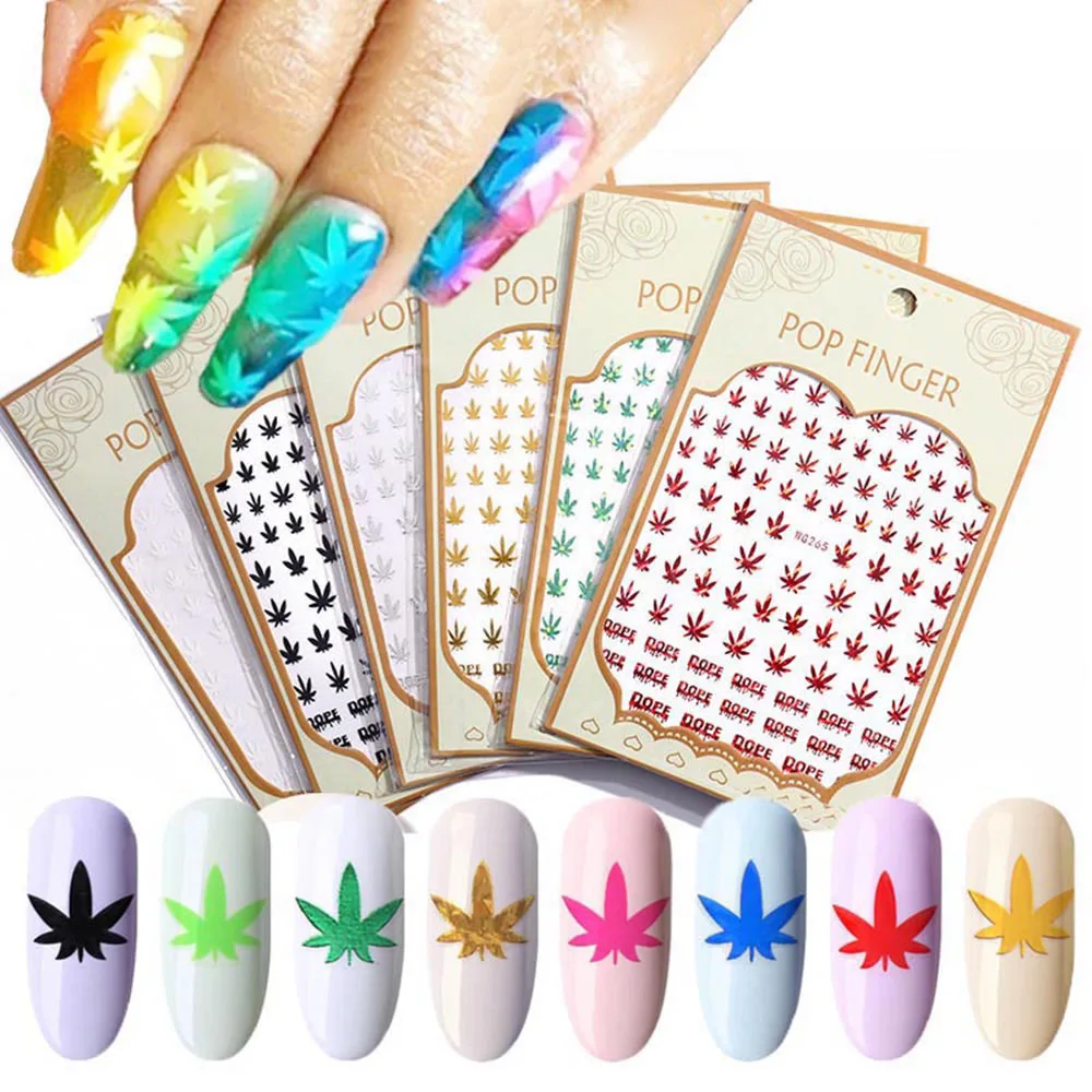 Women Holographic DIY Acrylic Mixed Salon Weed Leaf Designs Manicure Decoration Self Adhesive Nail Stickers