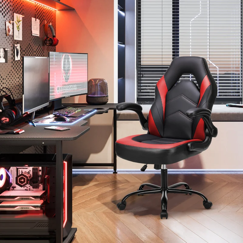 

Ergonomic High-Back Gaming Chair with Flip-Up Armrests, Wheeled Office Seat for Adults