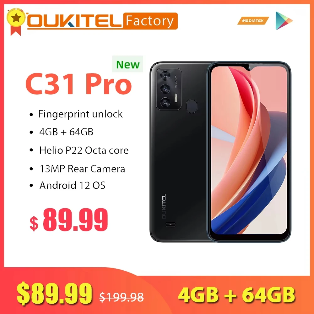 Глобальная версия смартфона OUKITEL C31 Pro на Android 12 с 6,5-дюймовым HD+ дисплеем, портативный телефон, 4 ГБ оперативной памяти + 64 ГБ встроенной памяти, аккумулятор 5150 мАч.