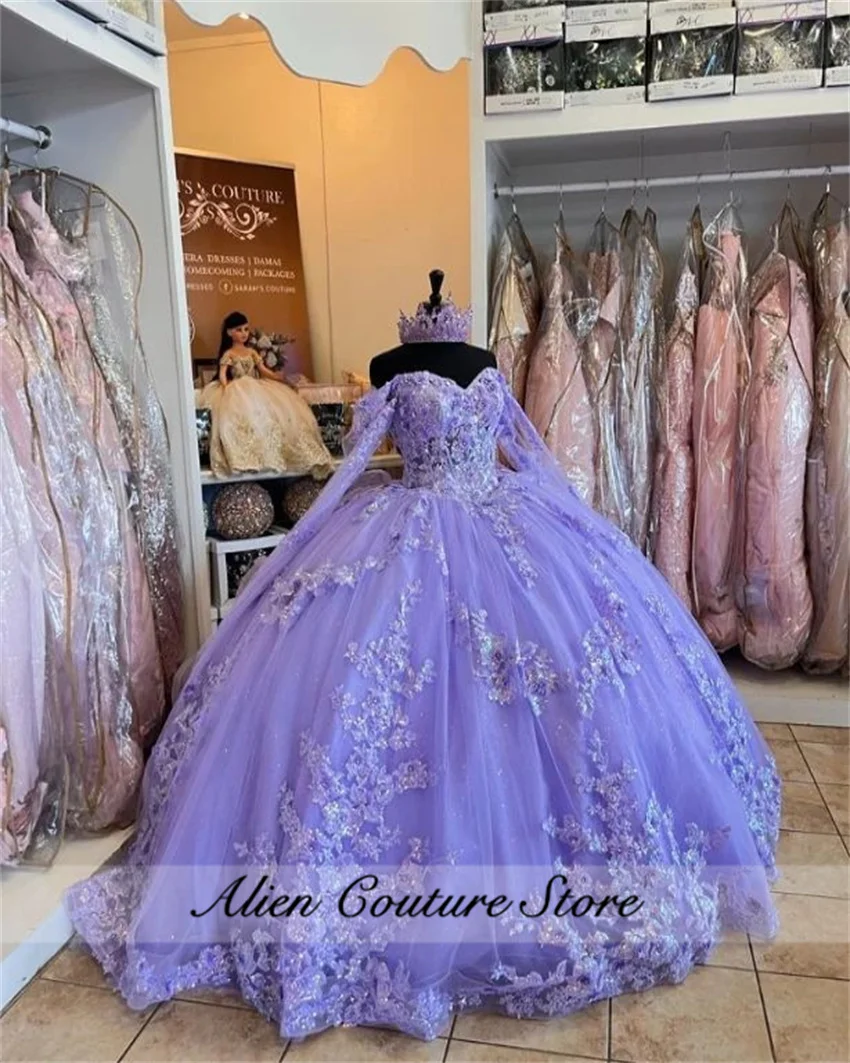 Лавандово-фиолетовые платья Quinceanera с аппликациями и кристаллами, бальное платье 2024, платья для дня рождения, Vestidos De 15, с длинными рукавами по индивидуальному заказу