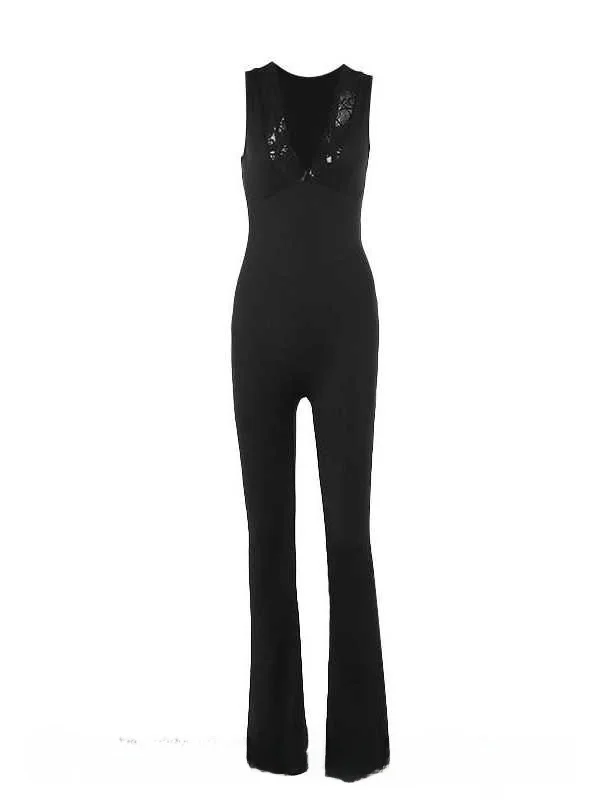 Spicy Girl Lace Trim Jumpsuit Flared Pants Slim Fit High Waist Poly Fiber Svel Street Sle Women's plus Size Dr view 5