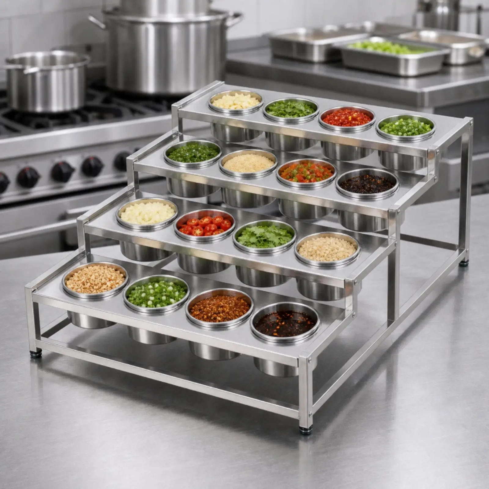 Multi Level Spice Organizer for Commercial Kitchen Use with Sturdy 201 Stainless Steel Build and Easy Access Design