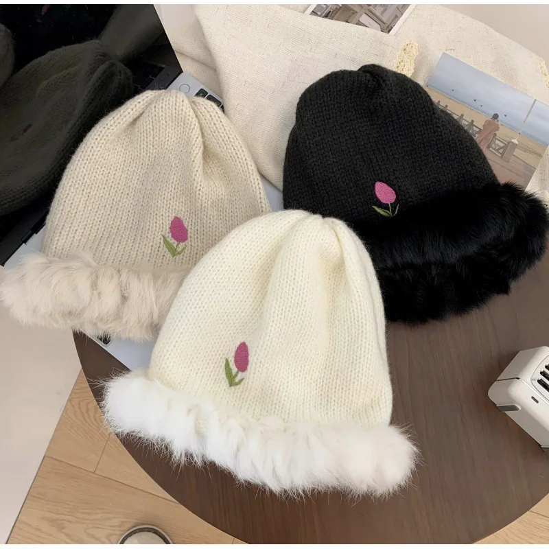 Tulip Rabbit Hair Fisherman Hat Women Autumn Winter Warm Big Head Girth Knitted Woolen Cap White Plush Hat Outdoor M589