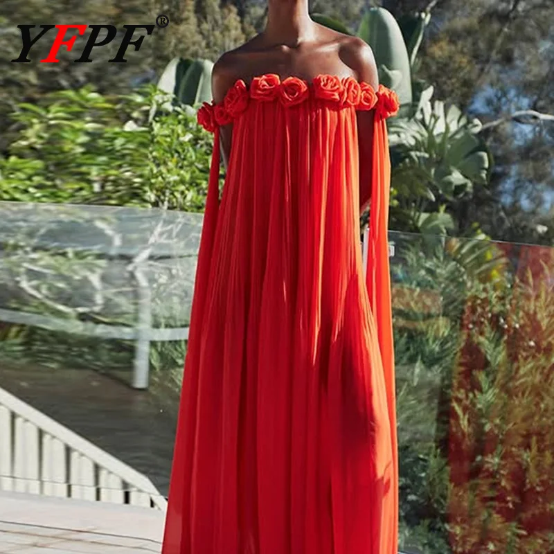 

YFPF Elegant Folds Long Dress Women 3D Flower Spliced Slash Neck Solid Color Loose Long Party Dresses Fashion 2026 New Clothing