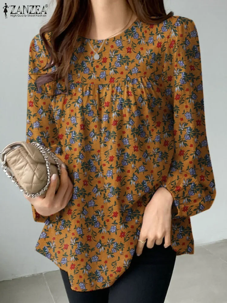 Blusa de algodón con estampado Floral para mujer, camisa de trabajo de manga larga, Estilo Vintage, bohemio, 2024