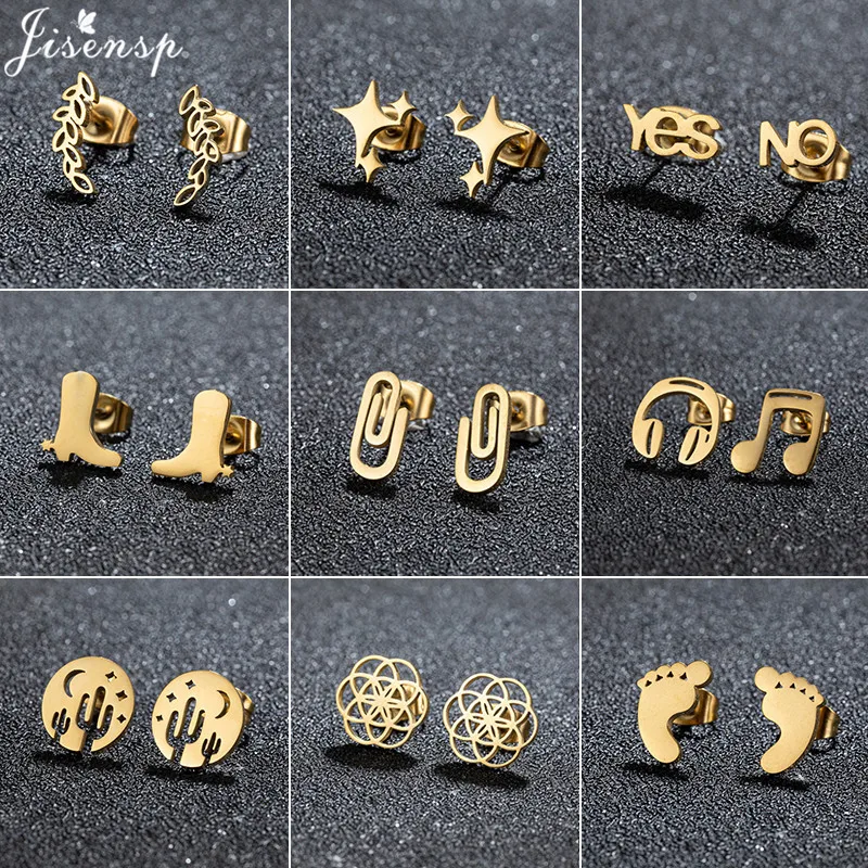 Unique Christmas Earring Stainless Steel YES NO Cactus Footprint Music Stud Earrings for Women Tiny Star Boots Jewelry Girl Gift