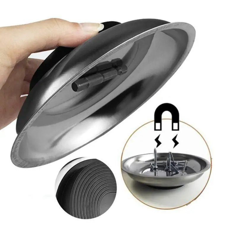 Round Magnetic Parts Tray Bowl Dish Stainless Steel Garage Holder Tool