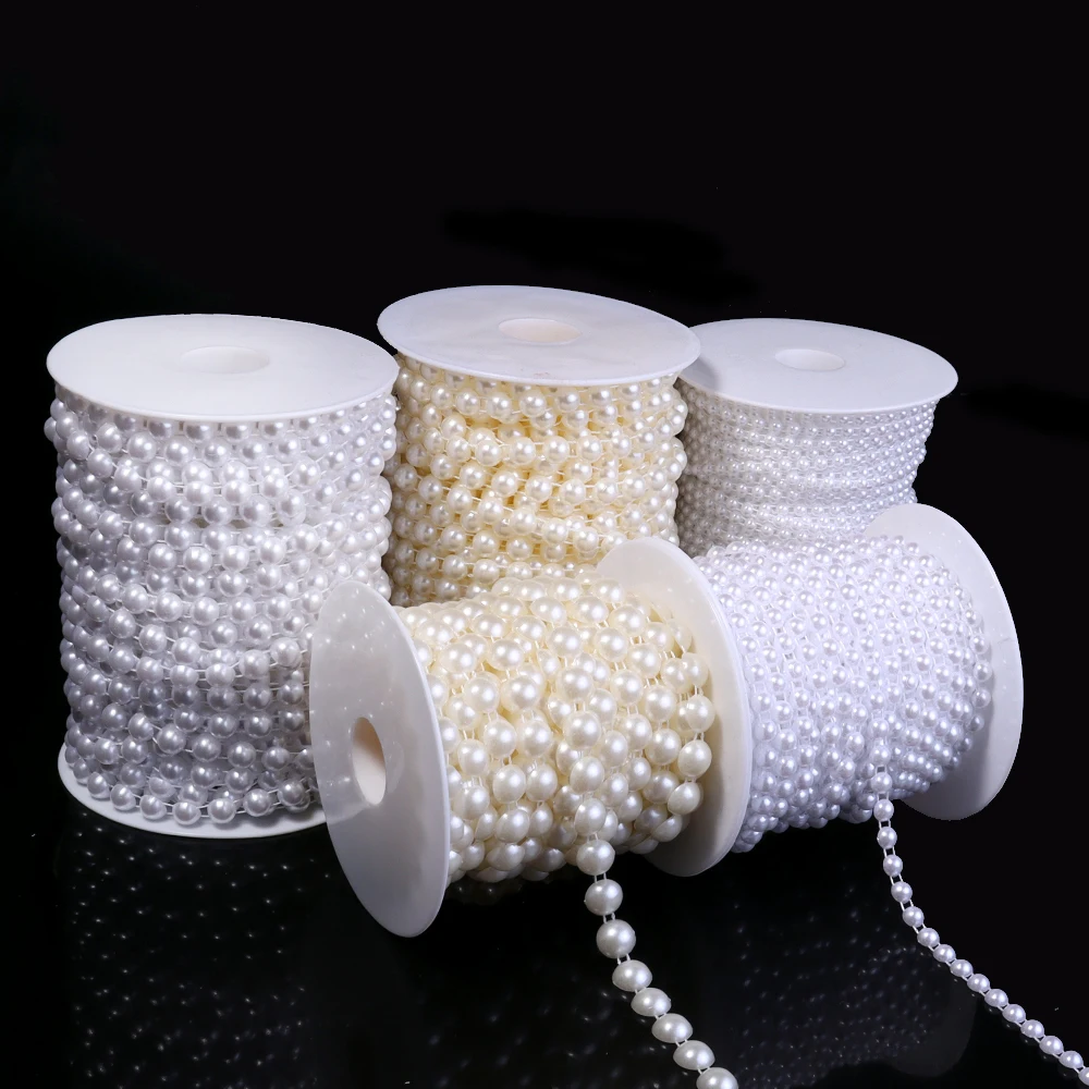 5 yardas/rollo de cadena de perlas semicirculares de imitación ABS, cadena de cuentas de hilo de algodón de 4-10mm para decoración navideña para fiesta de boda