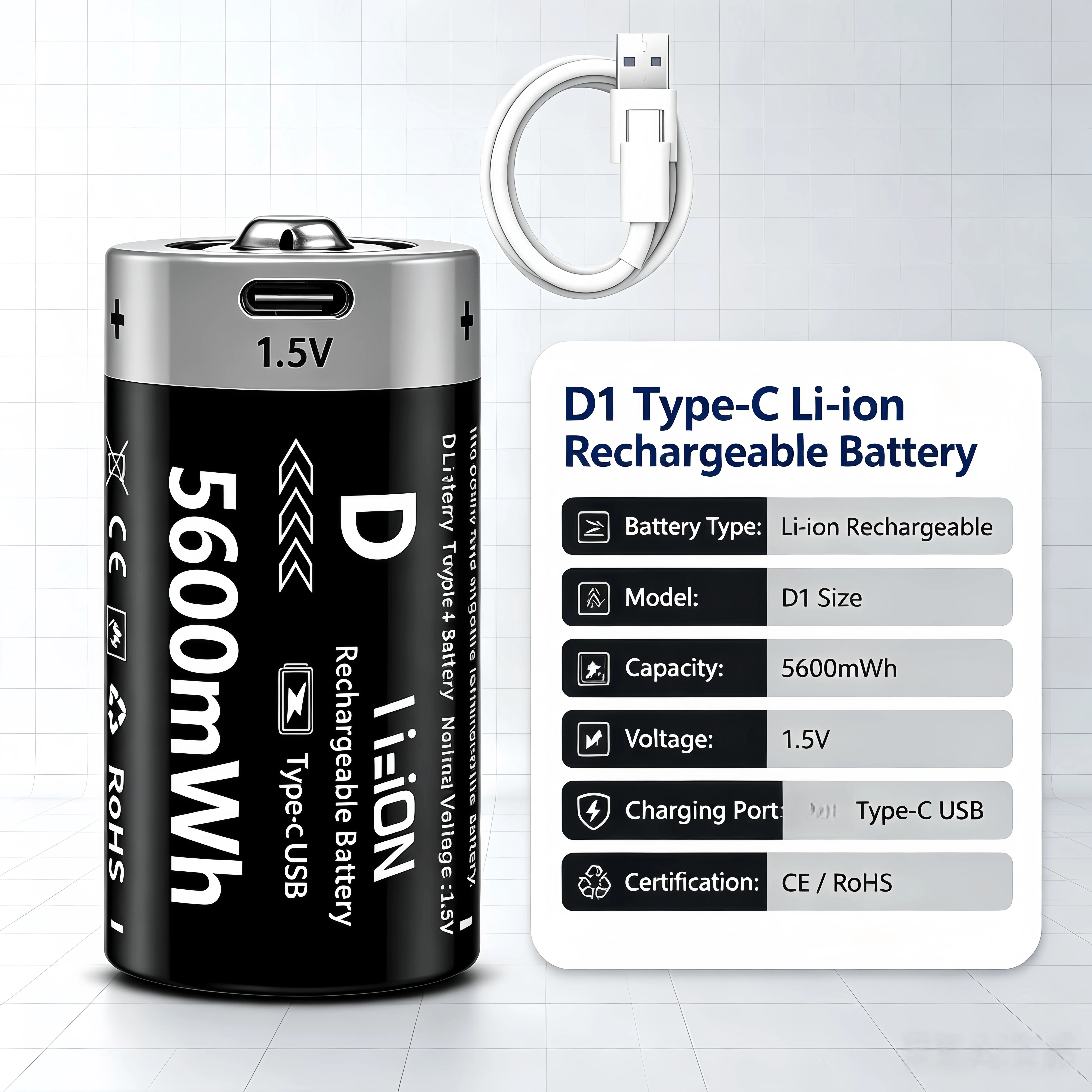 1.5V D Size LR20 Rechargeable Lithium-ion Battery, 5600mWh High Capacity D Cell Battery for Gas Cooker Water Heater Flashlight