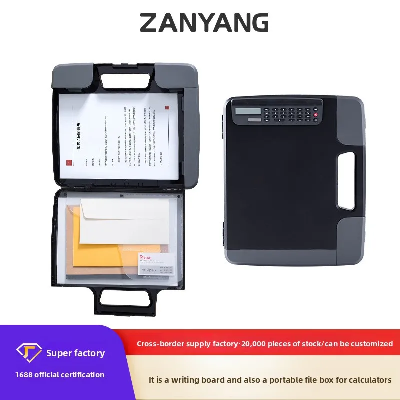 Multifunctional A4 File Box Portfolio with Solar Calculator and Writing Board, Hard Plastic Document Storage Case for Office