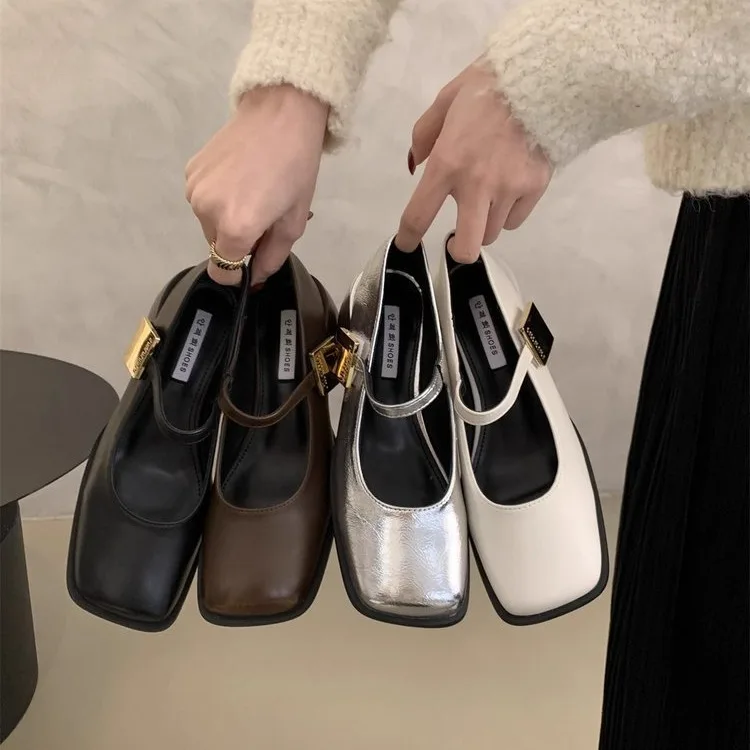 2024 Autumn New Women Fashion Square Toe Close Toe Ankel Strap Mules Ladies Elegant Mary Jane Ballet Shoes Mid Heel Dress Pumps