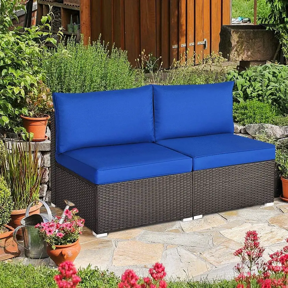 

2-Piece Outdoor Wicker Sectional Sofa Set with Cushions for Patio, Balcony, or Poolside in Navy Blue