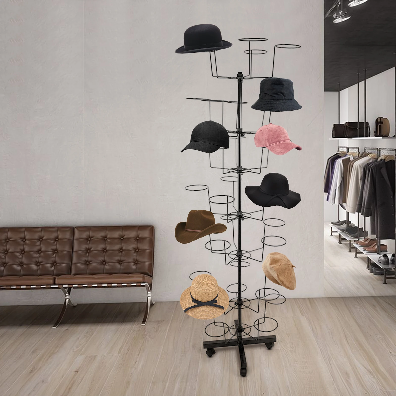 

NEW Freestanding Rotating Hat Display Rack: 7-Tiers, 35 Hooks, with Wheels, Black Metal Floor Stand for Hats, Wigs, and Caps
