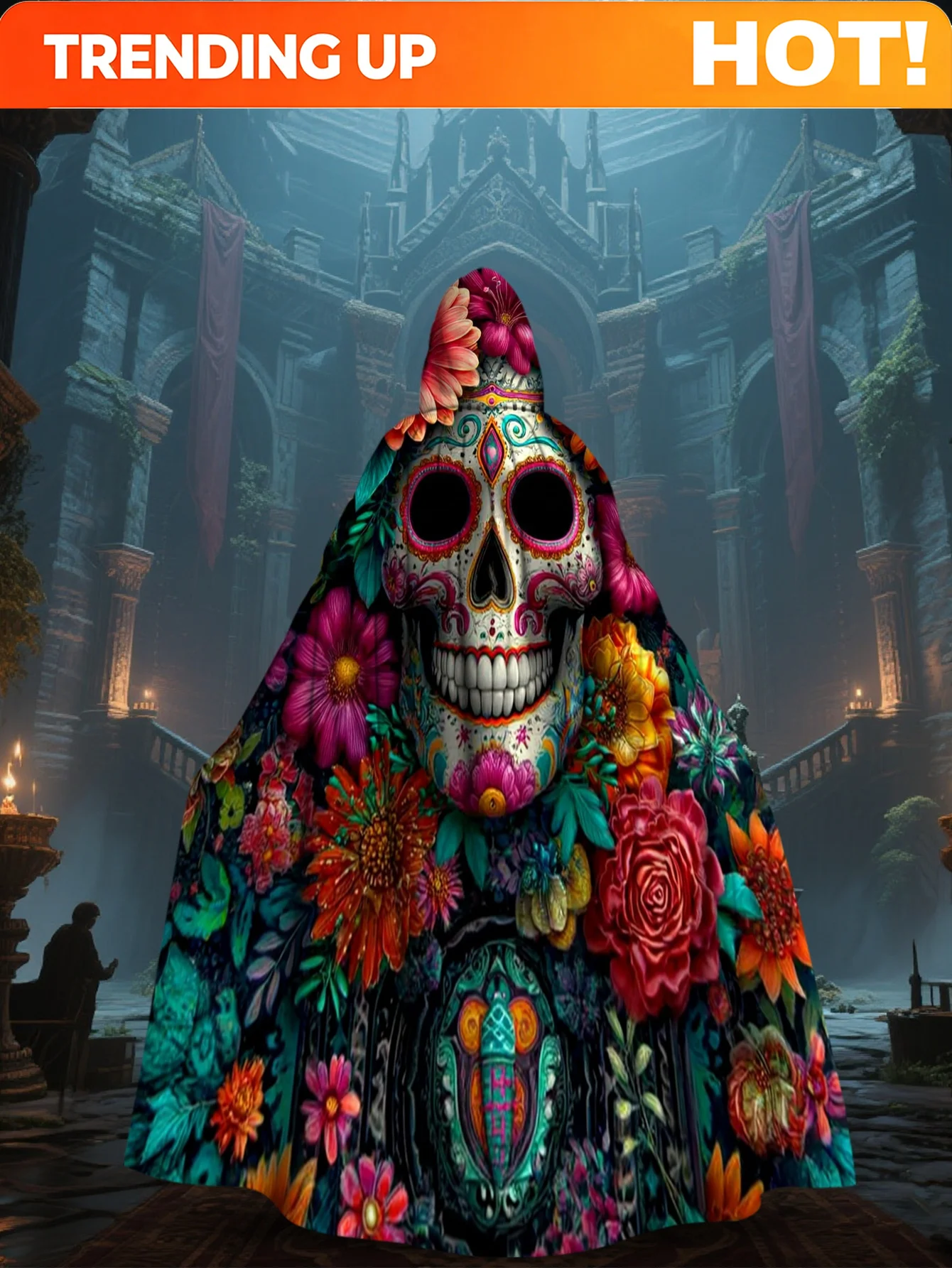 Customization 1pc 2D Flat-Printed Day Of The Dead Vibrant Classic Cloak Featuring A Skull, Made From 100%, Suitable For Hallowee