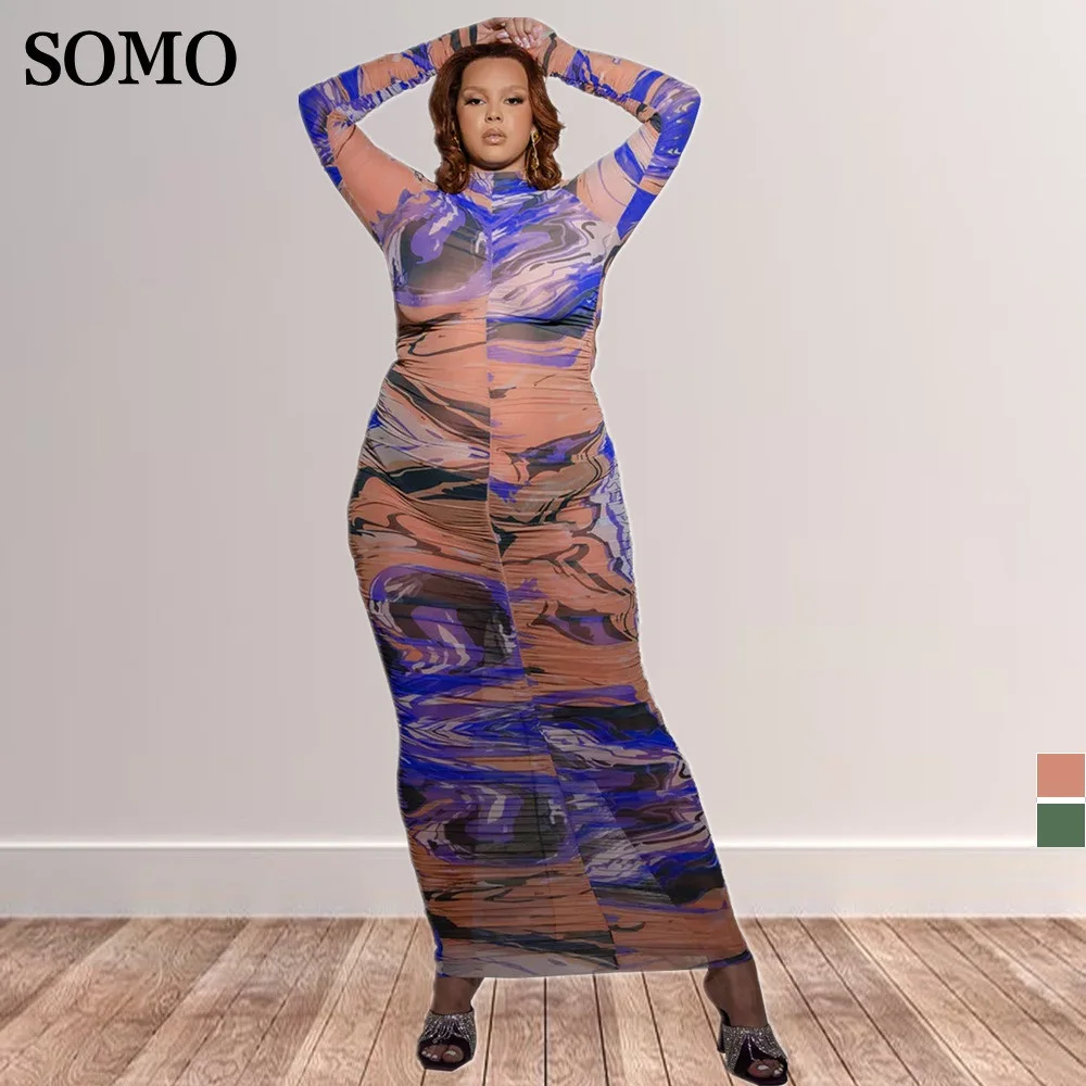 

SOMO 2022 Women Sexy Mesh Plus Size Dress Fashion Pleated Long Sleeve Print Maxi Dresses Party Clubwear Wholesale Dropshipping