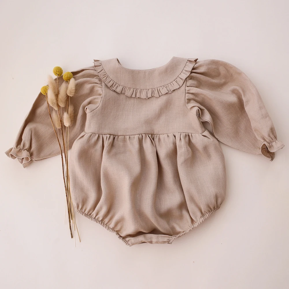 Toddler Girl Vintage Long Sleeve Clothes Baby Girl Linen Cotton Romper Jumpsuit Infant Solid Clothing