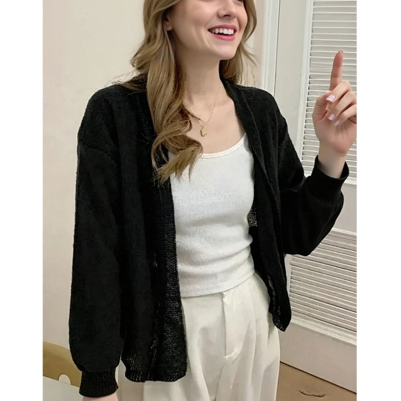 

2025 тонкий кардиган в корейском стиле, повседневный женский свитер с длинным рукавом, элегантные вязаные куртки, осенний однотонный топ, милый трикотаж