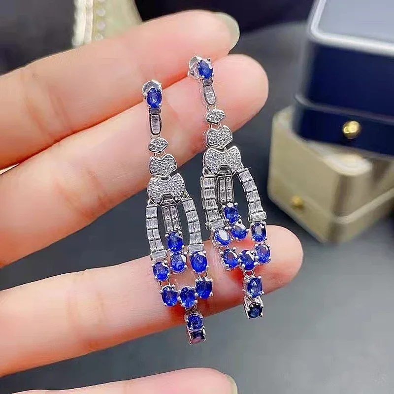 

Fashion Luxury Natural Sapphire S925 Sterling Silver Women Earrings Fine Weddings Jewelry Free Shipping