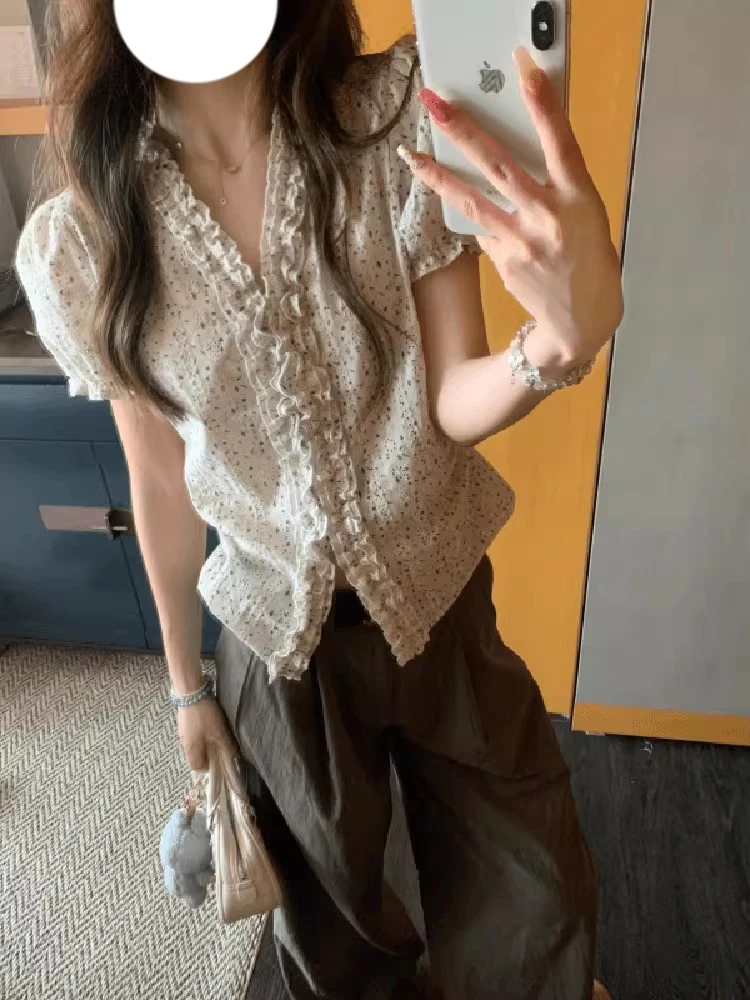

plus Size Summer Casual Floral Print Short Sleeve Shirt Women's Style Wooden Design Slimming Pants Two-Piece Set