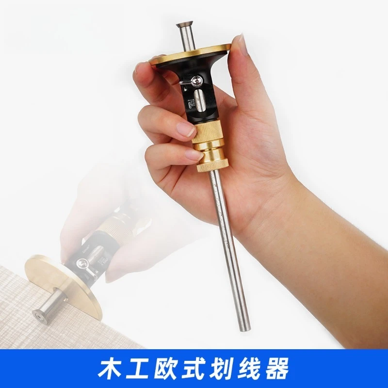European Style Marking Gauge with 0.2mm Fine Adjustment, Carbide Blade Scriber for Parallel Wood Line Marking