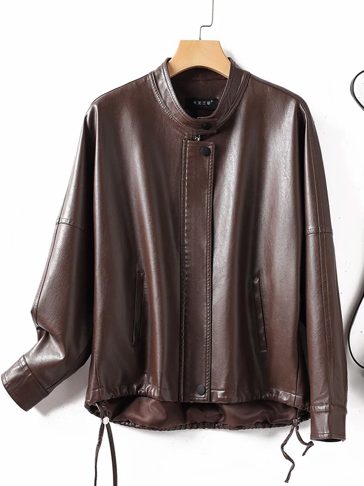 New Women Autumn Winter Casual Split Leather Jacket Fashion Stand Collar Loose Waist Straight Drawstring Hem Daily Coat