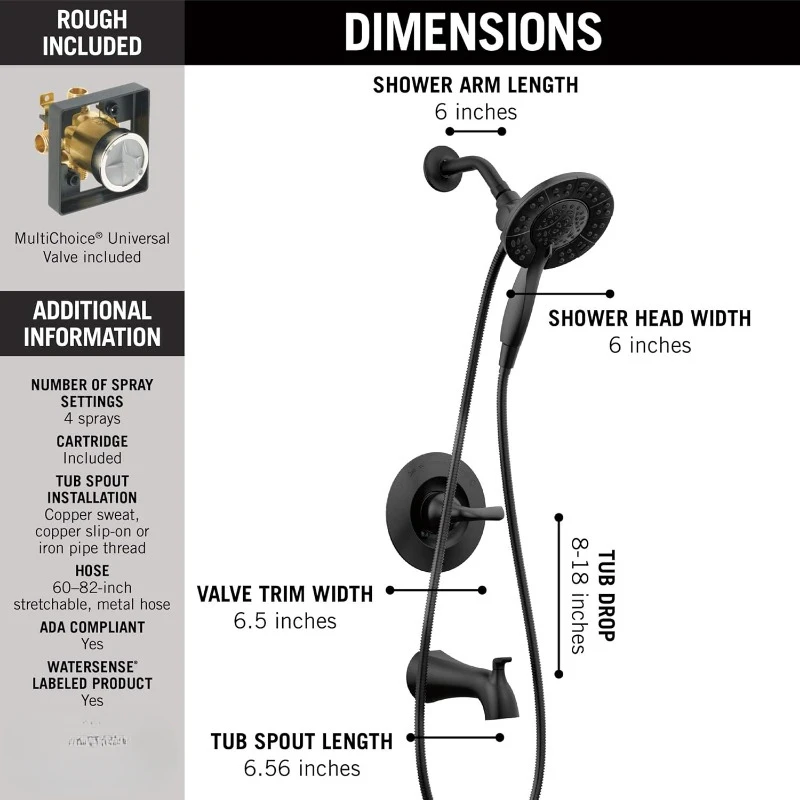 Faucet Arvo 14 Series Single-Handle Tub and Shower Trim Kit, Shower Faucet with 4-Spray in2ition 2-in-1 Dual Hand Held Shower
