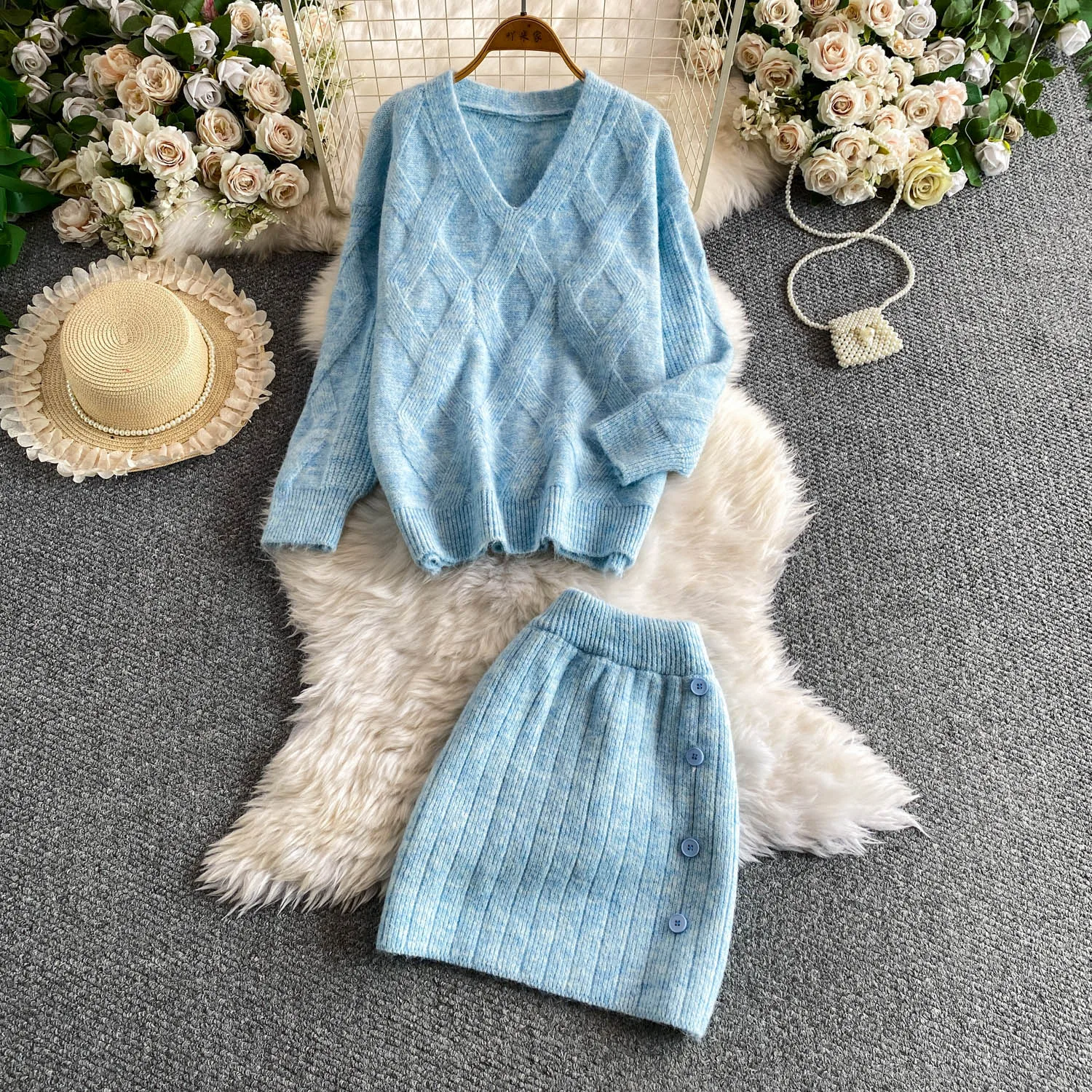 Autumn Fashion Slash Neck Pullover Sweater + Mini Skirt 2-Piece Set For Women Winter Loose Slim Knit Two-Piece Female Outfits