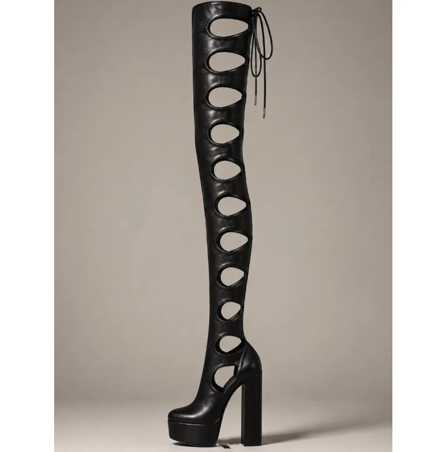 Sexy hollow out black leather platform summer thigh high boots women's chunky heels luxury designer long boot plus size shoes