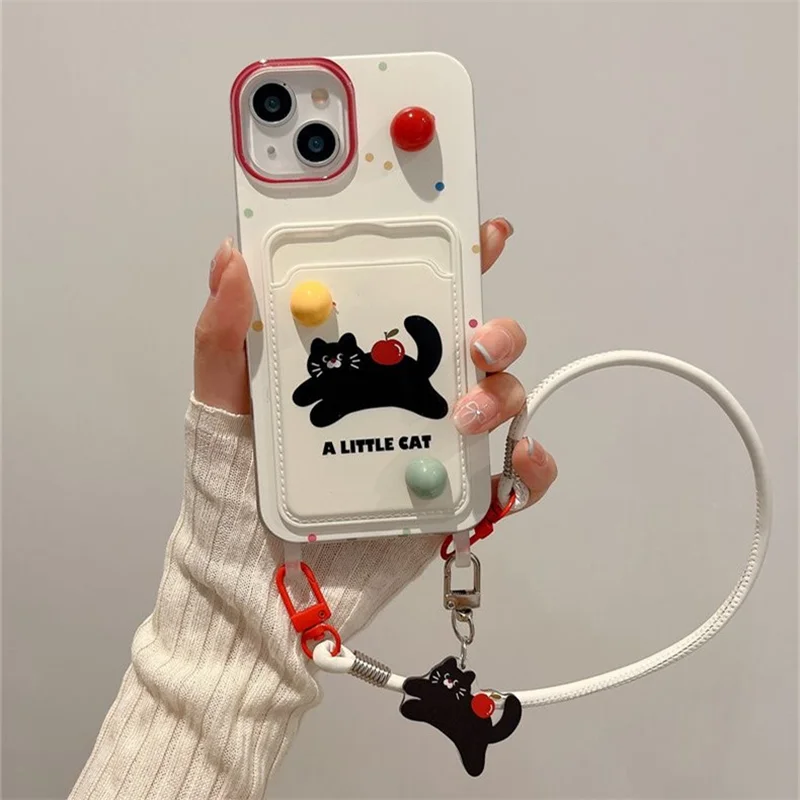 Three dimensional bead rainbow bean black cat card case with the same black cat phone strap For iPhone 11 12 13 14 15 pro max