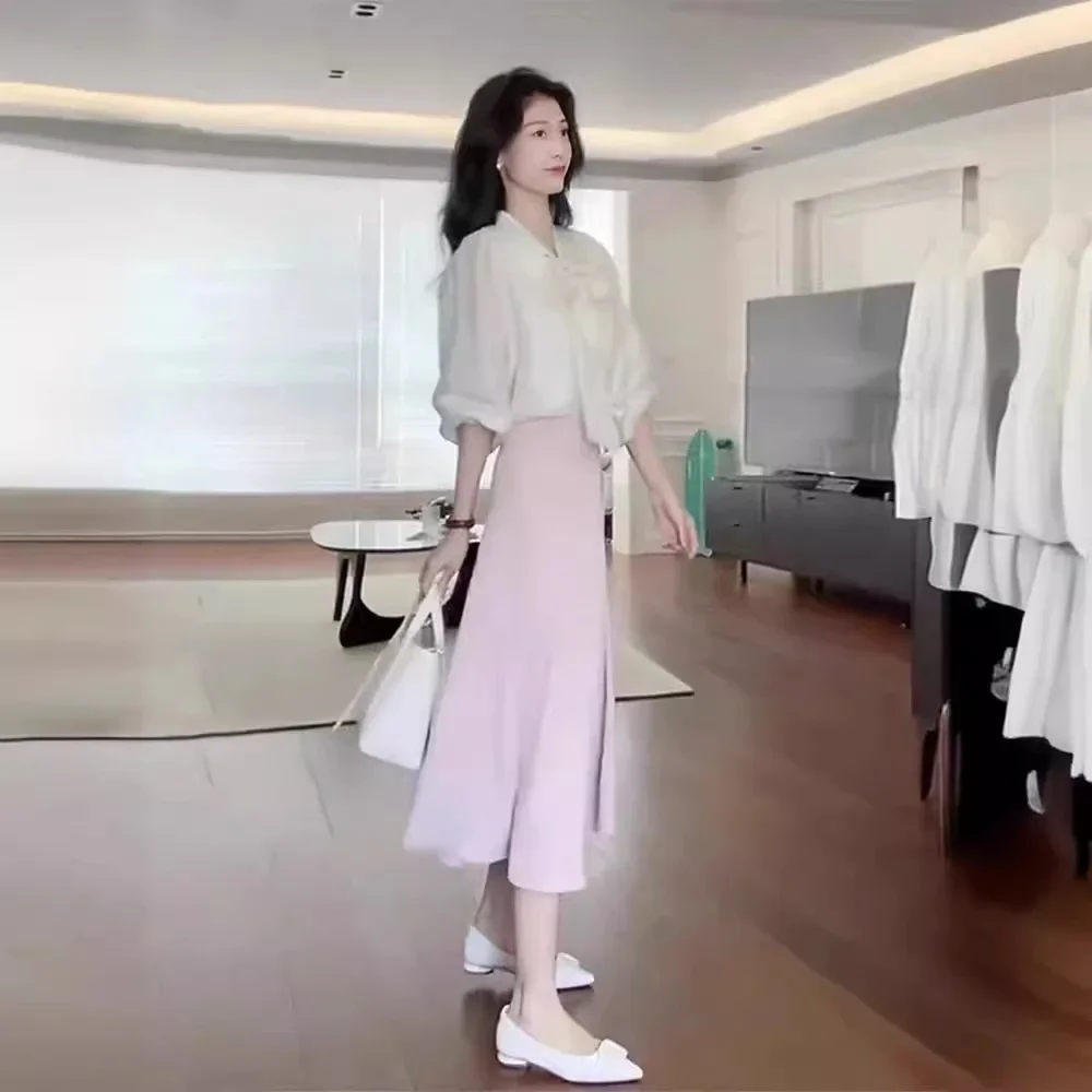 Spring Temperament Slim Set Elegant Korean Light Ripening Tops+High Waist Solid Long Skirt Sets Workplace Commute Women Outfits