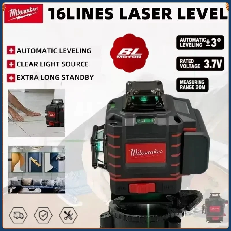 

Milwaukee 4 Sides*360 Degree Vertical Laser Level Green Beam Self-leveling Vertical 16 Lines Cross Line Lase Tool