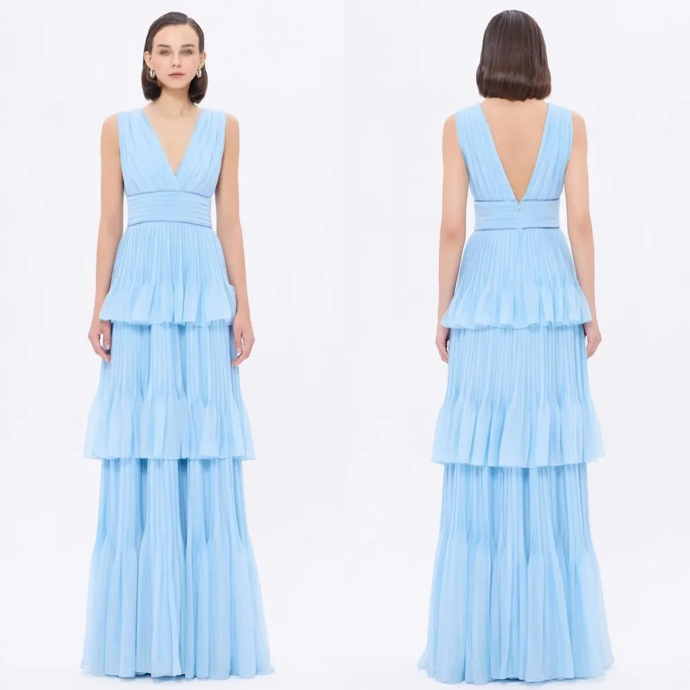 

Customized Exquisite Chiffon Ruched Pleat A-line V-neck Long Dresses Bespoke Occasion Evening Sizes Available