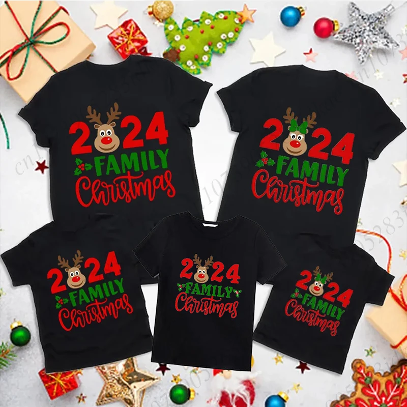 2024 Reindeer Family Christmas T-shirts Family Matching Outfit Casual Short Sleeve Christmas Set Christmas Day Holiday Clothes