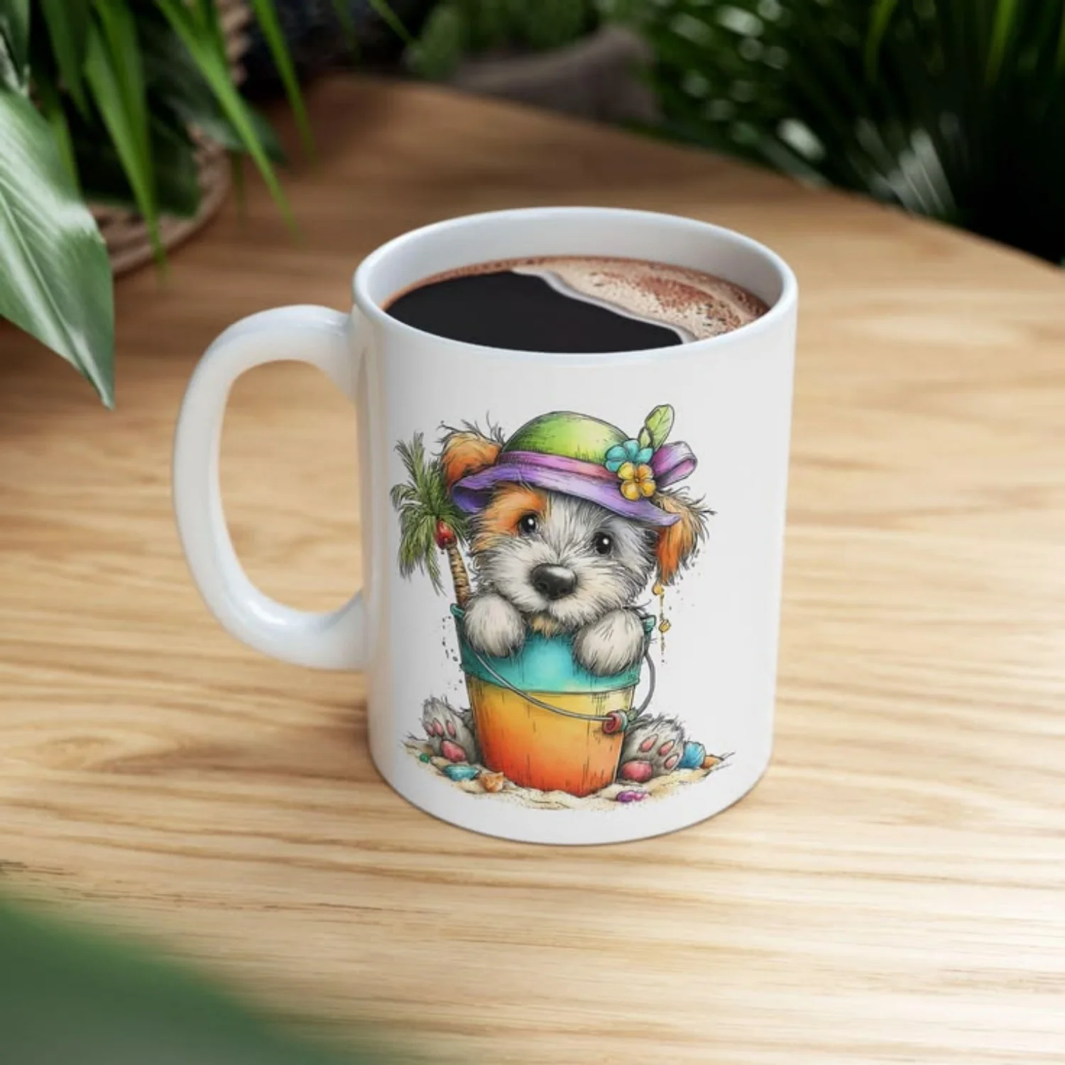 11oz single mug Beach puppy Summer tropical coast Colorful mother dog