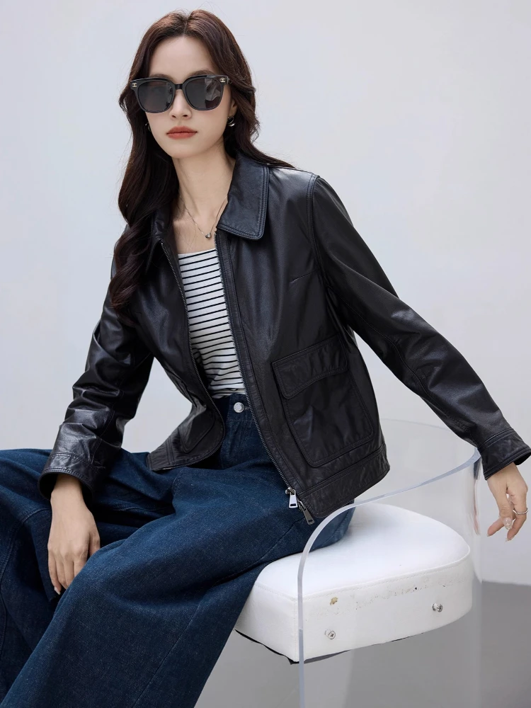 Slim Short Genuine Leather Motorcycle Jackets for Women Spring Autumn 2025 New High-end Simple Black Real Cow Leather Coat