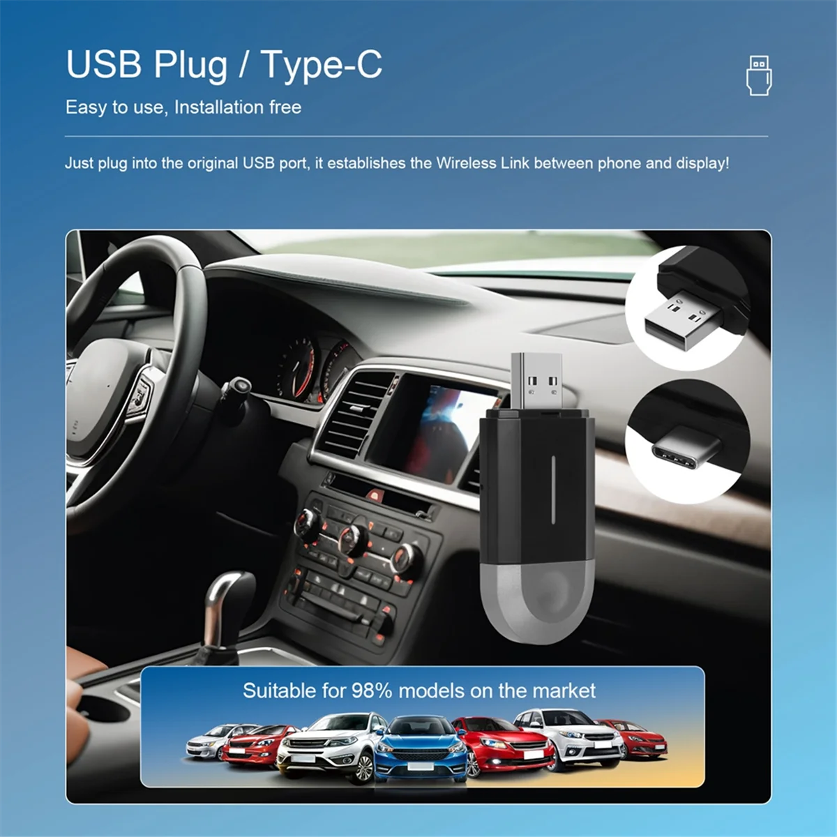 Adattatore Wireless CarPlay, Dongle per Auto Converte Cavo in Wireless, Tipo C/USB, Plug & Play