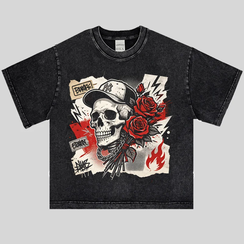 Men Washed Distressed Skull Rose Print T-shirt Retro Grunge Streetwear Short Sleeve Tee Dark Art Flame Oversized Casual Tops