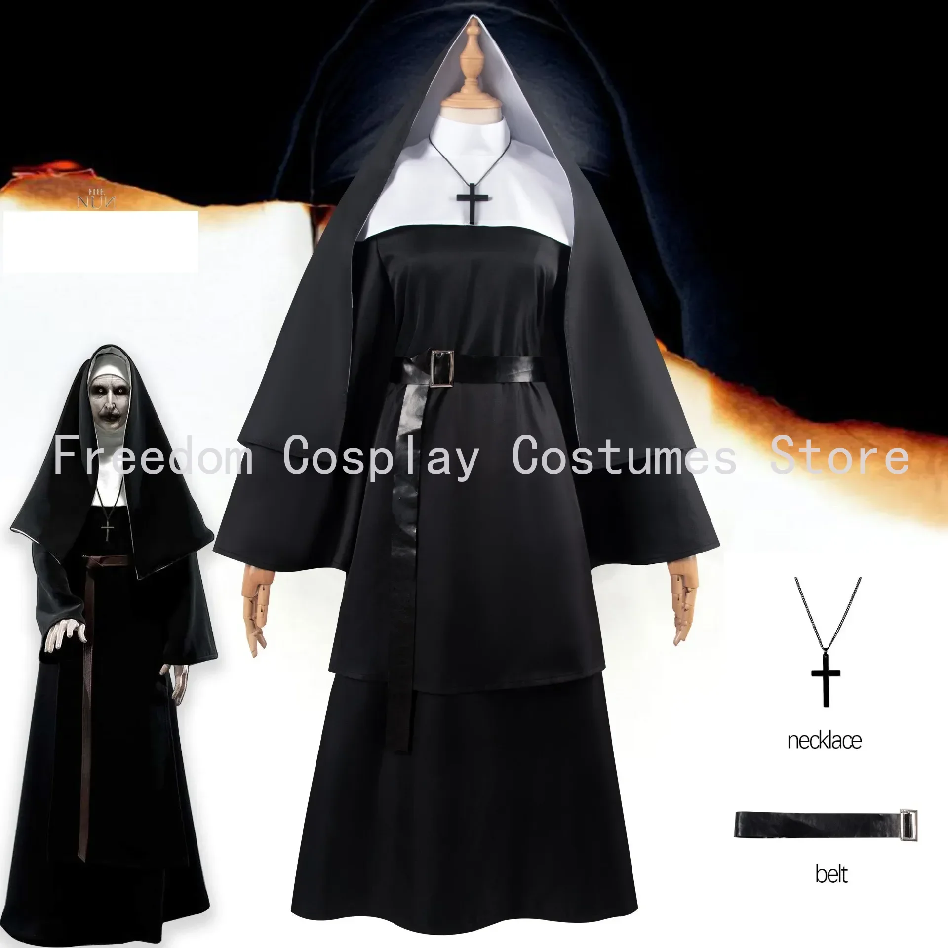 

The Nun Cosplay Costume Horror Films Cosplay Cross Ghost Halloween Costume The Conjuring Black Dress Women Halloween Costume