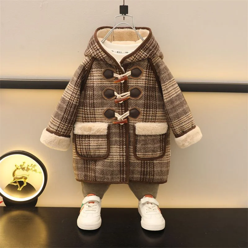 

Thicken Boys Woolen Jackets Winter Warm Children Outerwear Kids Hooded Long Wool Overcoat 2024 New Teenager Cotton Clothes 5-12Y