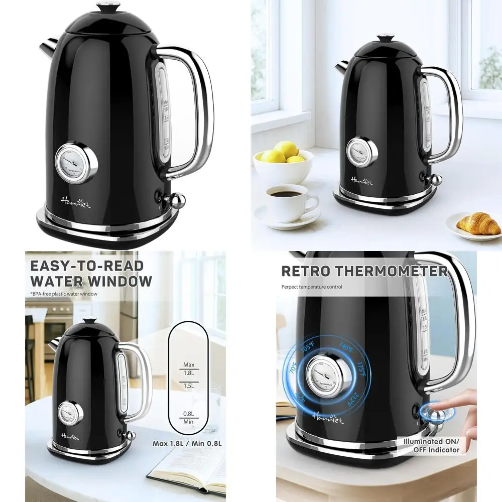 

1.8L Vintage-Style Electric Kettle with Thermometer, 1500W, Stainless Steel, Fast Boiling, LED Indicator, Cordless, Auto-Off, Bl