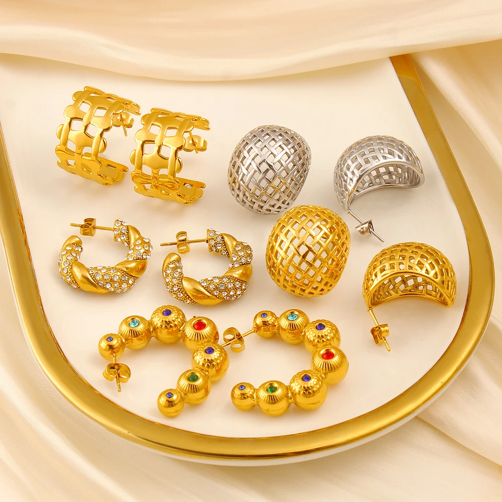 Vintage 18K Gold Plated C-Shape Earrings Sparkling Zircon Openwork Hoops Textured Stainless Steel Gift for Women