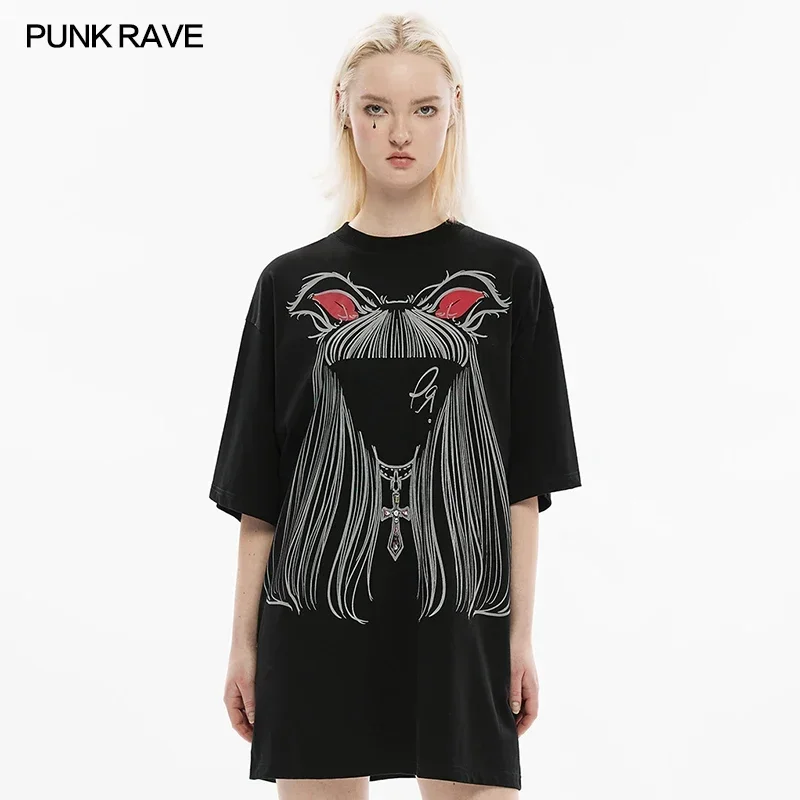 PUNK RAVE Women's Gothic Daily Cat Ear Loose Comfortable T Shirt Hand Sewn Colorful Gem Decoration Girl Fashion Casual Tops Tees