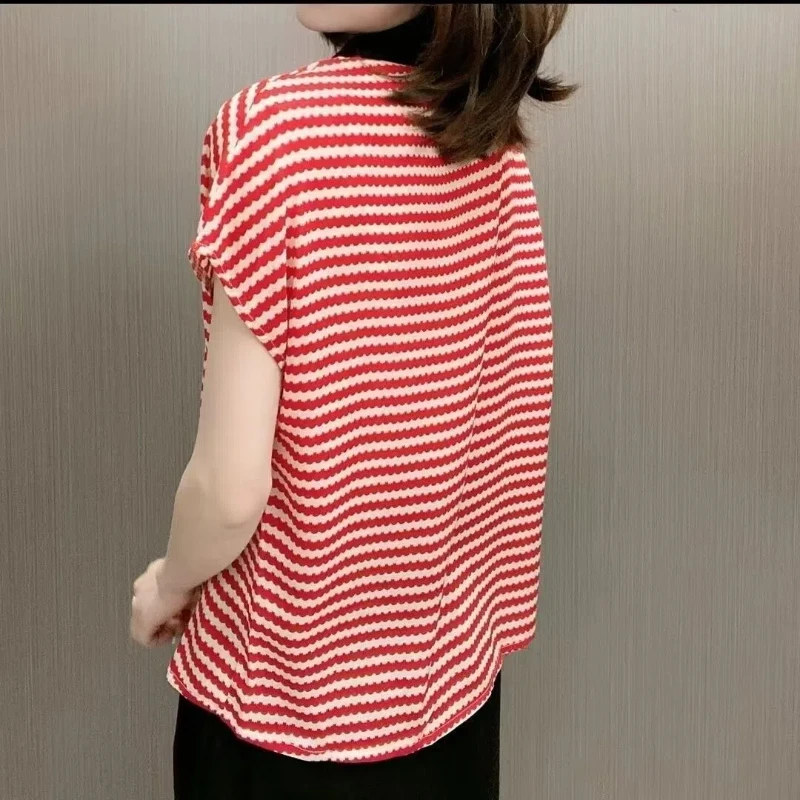 Women Clothing Striped Printing Loose Blouse Summer New Short Sleeve Polo Neck Thin Office Shirt Tops Fashion Vintage Casual