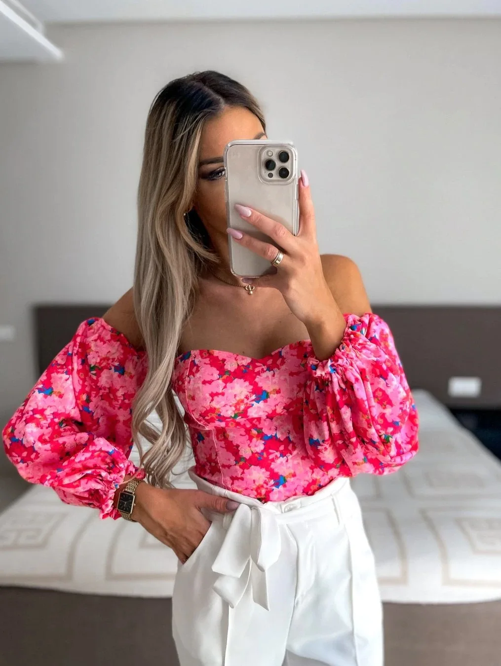 Summer And Autumn New Women's Sexy One Neck Off Shoulder Wrapped Chest Printed Flower Long Sleeve Top Shirt Women's Clothing